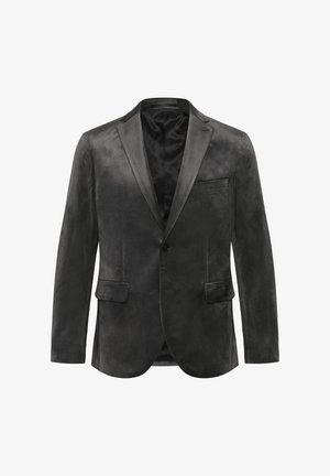 Melnā zamšā jaka ar gludu tekstūru, ar vienu pogu slēgšanu, izgrieztiem uzmavām un divām priekšējām kabatām. Odere ir ar elegantu apdari.