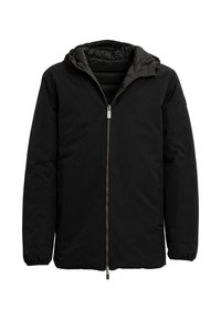 Giacca nera isolante con chiusura frontale con zip, cappuccio foderato e polsini elastici. Presenta un esterno liscio e un design minimalista.