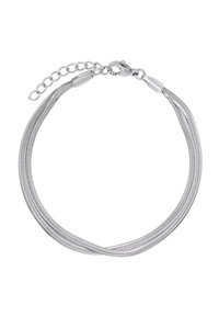 Silberarmband mit verflochtenen Metallsträngen, einem Verschluss und einer verstellbaren Kettenverlängerung zur Anpassung der Größe.