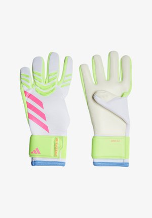 Keeperhandschoenen met witte latex, neon groene accenten, een rozerode gestreepte design en een textuur voor grip. Voorzien van een veilige polsband.