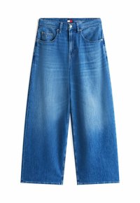 Blaue Denim-Jeans mit weitem Bein, mittlerer Taille, Fünf-Taschen-Design und dezentem Verblassen. Verfügt über einen Knopfverschluss und gestickte Saumdetails.