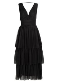 Robe noire avec un décolleté en V plongeant, jupe en tulle superposée et taille ajustée, offrant une texture douce et une silhouette fluide.
