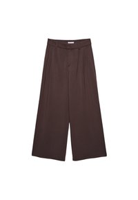 Brązowe spodnie typu wide-leg wykonane z miękkiego materiału, z plisami w talii i kieszeniami po bokach. Dopasowany krój zapewniający wygodę.
