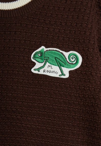 Prenda marrón texturizada con un parche de camaleón verde con acentos en blanco y negro. El parche dice "M. Rodini". Cuello acanalado de color contrastante.