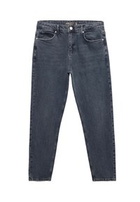 Donkergrijze denim jeans met een klassieke vijf-pocketontwerp, rechte pijpen en lichte vervaging. Voorzien van metalen hardware en riemlussen.