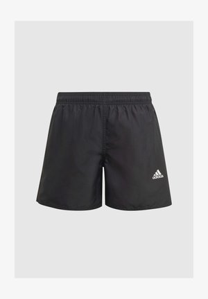 Pantalones cortos deportivos negros de material ligero, con una cintura elástica y un logotipo blanco de Adidas en el lado inferior izquierdo.