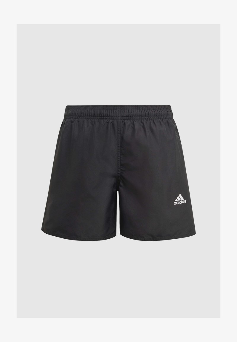 Pantalones cortos deportivos negros de material ligero, con una cintura elástica y un logotipo blanco de Adidas en el lado inferior izquierdo.