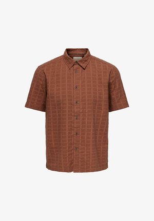 Rövid ujjú rozsda barna ing gombos elejű, finom texturált kockás mintával, szabványos gallérral.