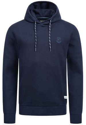 Sudadera con capucha de color azul marino, hecha de tela texturizada, con cordones ajustables y un pequeño logo en el pecho. Mangas largas.