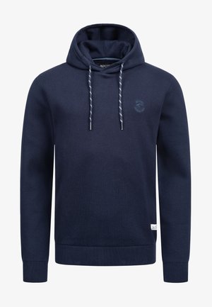 Navy blue hooded sweatshirt made of textured fabric, featuring adjustable drawstrings and a small logo on the chest. Long sleeves.