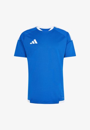 Modrý sportovní dres s krátkými rukávy, bílým límcem a logem Adidas na pravé straně hrudi, vyrobený z prodyšné síťoviny.