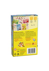 Kolorowe pudełko gry z ilustracjami tematycznymi związanymi z imprezami, przedstawiające wesołe zwierzęta, kształty i żywe wzory confetti. Obecne są teksty i ikony.