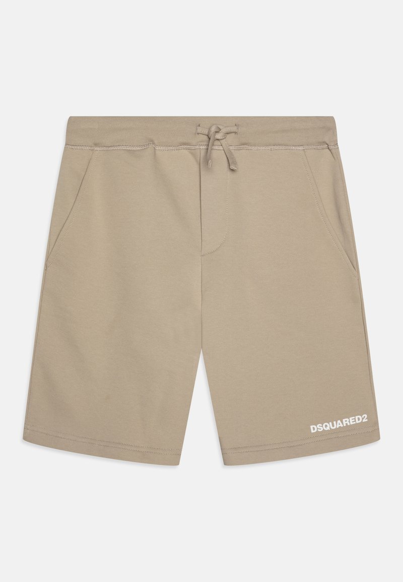 Beige shorts made of soft fabric, featuring an elastic waistband with a drawstring, two side pockets, and a printed logo on the lower left.