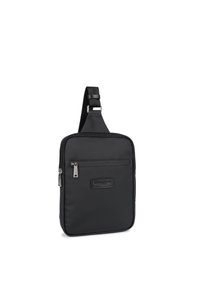 Borse a tracolla nera in nylon con forma rettangolare, dotata di una tasca anteriore con cerniera, superficie texture e spallaccio regolabile.