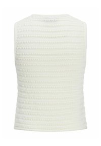 Witte gebreide mouwloze top met een horizontale ribstructuur en een nette afwerking bij de halslijn en de zoom. Geen zichtbare hardware of accenten.