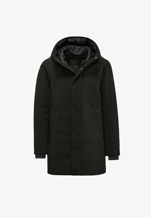 Zwarte waterdichte jas met een capuchon, voorzien van een gevoerde binnenvoering, zijzakken en een gestroomlijnde voorkant sluiting.