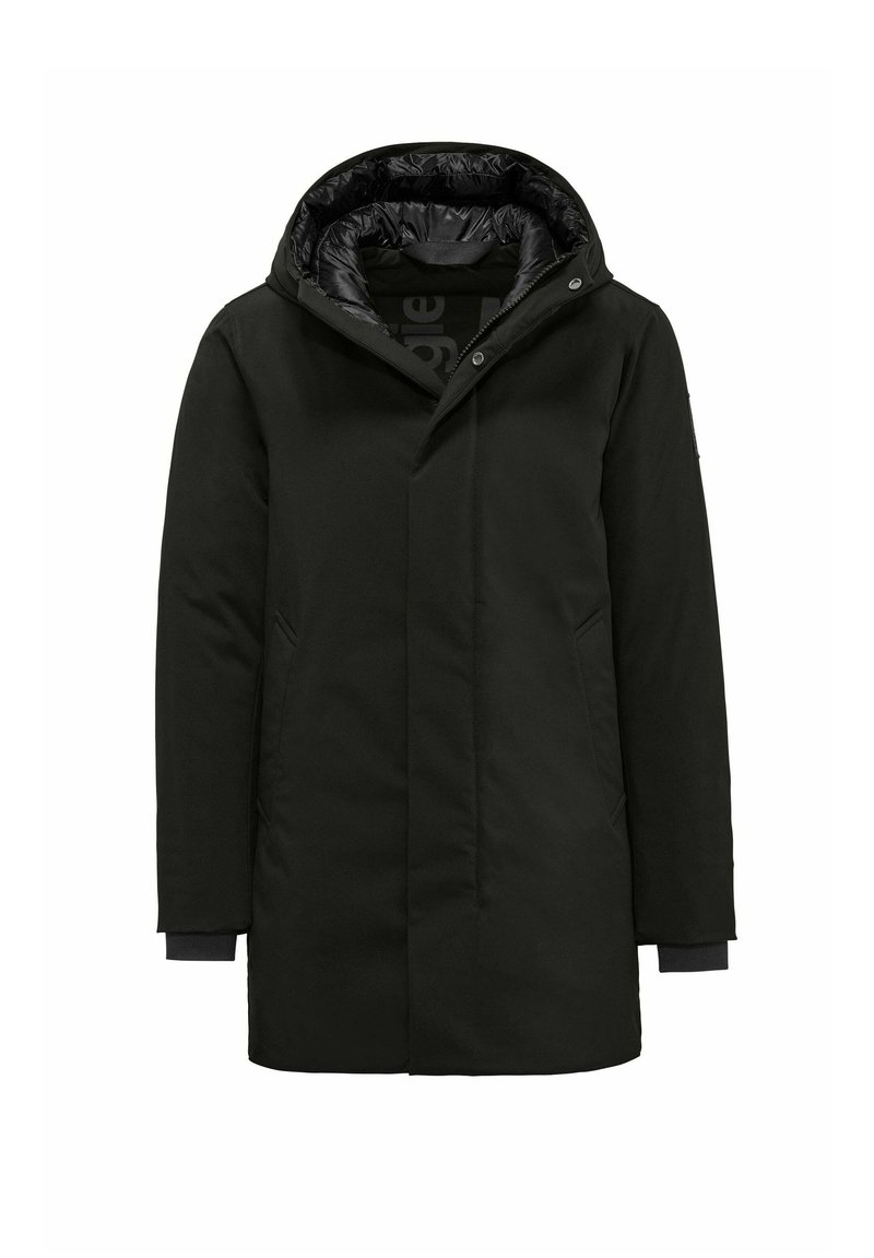 Zwarte waterdichte jas met een capuchon, voorzien van een gevoerde binnenvoering, zijzakken en een gestroomlijnde voorkant sluiting.