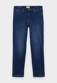 Dark blue denim jeans with a straight-leg cut, featuring a front pocket, a back pocket, and stitched detailing along the seams.