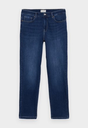 Mörkblå denimjeans med raka ben, som har en framficka, en bakficka och sömnadsdetaljer längs sömmarna.