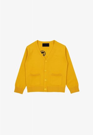 Cardigan giallo realizzato in morbido tessuto, con scollo a V, chiusura con bottoni, due tasche frontali e polsini e orlo a costine.