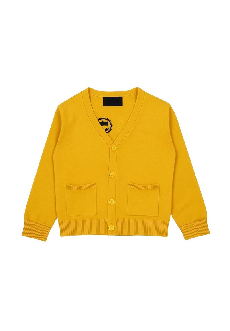 Cardigan giallo realizzato in morbido tessuto, con scollo a V, chiusura con bottoni, due tasche frontali e polsini e orlo a costine.