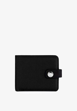 Black fabric wallet with a textured surface, featuring a rounded silver snap button and a tab closure on the front.