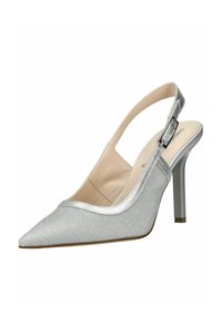 Chaussure à talon haut argentée avec bride arrière, bout pointu, boucle et doublure intérieure beige.