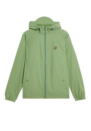 Hellgrüne Zip-Jacke mit Kapuze, ausgestattet mit elastischen Bündchen, zwei Seitentaschen und einem kleinen gestickten Logo auf der Brust.