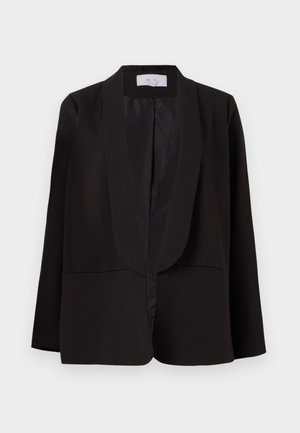 Must kere, mis on valmistatud siledast kangast, shawl-krae, avatud esiosa disainiga ja pikkade varrukatega. Minimalistlik stiil ilma nuppude või dekoratiivsete elementideta.