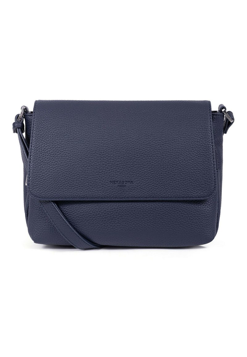 Borsa a tracolla in pelle blu navy con finitura testurizzata, chiusura con pattina, tracolla regolabile e logo del marchio impresso sul davanti.