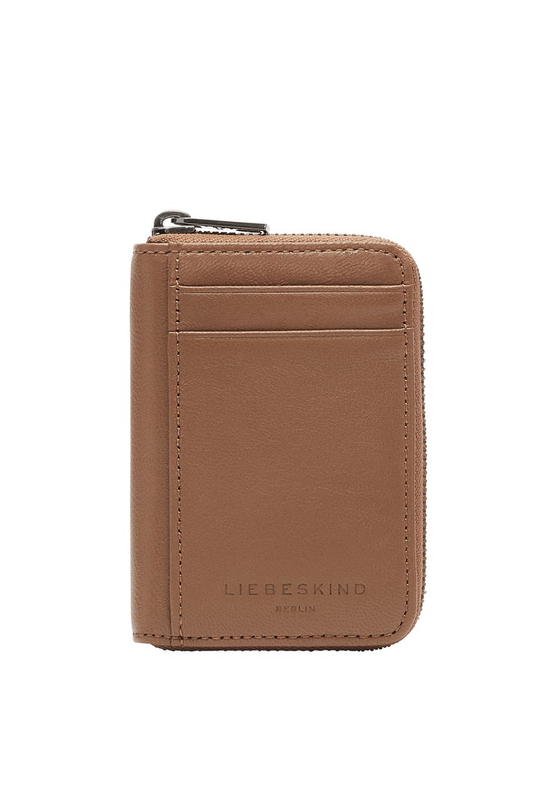 Compact tan leather wallet with front card slots and silver zipper, embossed "Liebeskind Berlin" logo at bottom center.
