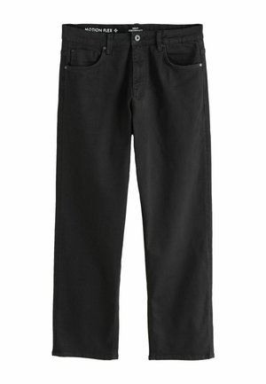 Schwarze Baumwoll-Denim-Hose mit geradem Bein, ausgestattet mit frontalen Taschen, einem Knopfverschluss und einer leicht strukturierten Oberfläche.