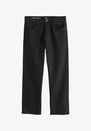 Pantalones de mezclilla de algodón negros con diseño de pierna recta, que cuentan con bolsillos frontales, cierre de botón y un acabado ligeramente texturizado.