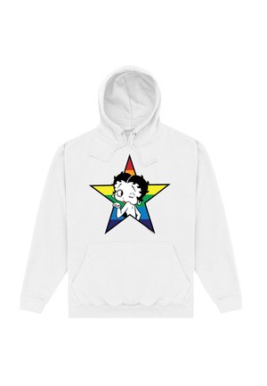 Biała bluza z kapturem z centralnym kolorowym wzorem w kształcie gwiazdy, z postacią z kreskówki w czerni i bieli na środku. Zawiera standardową kieszeń kangurkę.
