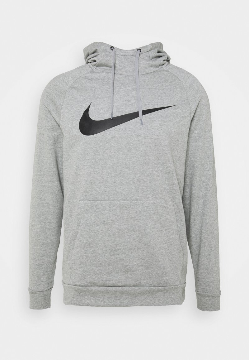 Grijze hoodie met een zwart Nike swoosh logo, een trekkoordcapuchon en een voorzak. Gemaakt van zachte stof met een relaxte pasvorm.