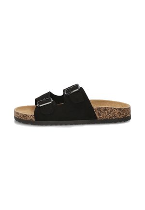 Sanda positiva negra de ante con dos hebillas ajustables, plantilla de corcho y suela texturizada, diseñada para la comodidad y el uso casual.