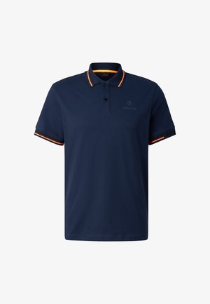 Navy blue short-sleeve polo shirt with orange stripe accents on collar and sleeves, featuring a two-button placket and subtle "Fire + Ice" logo.