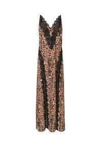 Abito in stampa leopardata con bordi in pizzo, caratterizzato da un design a scollo a V e una silhouette fluida, realizzato in tessuto leggero.