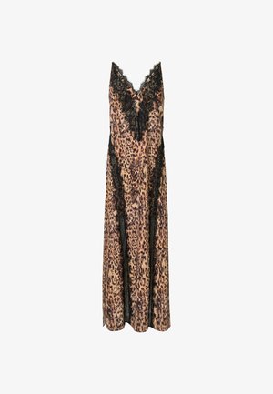 Vestido de estampa de leopardo com rendas, apresentando um design em V e uma silhueta fluida, confeccionado em tecido leve.