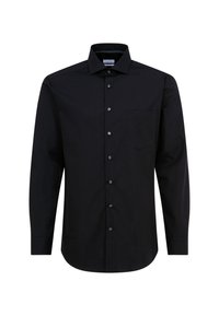 Zwarte langemouwen shirt met knopen aan de voorkant, enkele borstzak en een solide textuur. Kenmerkt zich door een klassieke kraag en een eenvoudige uitstraling.