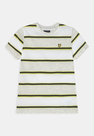 Striped short-sleeve t-shirt in gray, white, and yellow. Features horizontal stripes with a small logo detail on the chest. Cotton material.