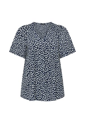 Blusa de manga corta color azul marino con lunares blancos irregulares y cuello en V, de corte holgado.