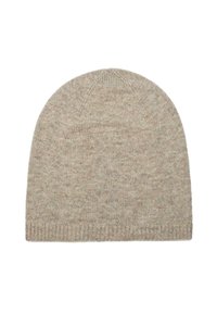 Berretto a maglia beige, morbido al tatto, con cima arrotondata, polsino a coste, design senza cuciture e delicato motivo a macchie su tutto il tessuto.