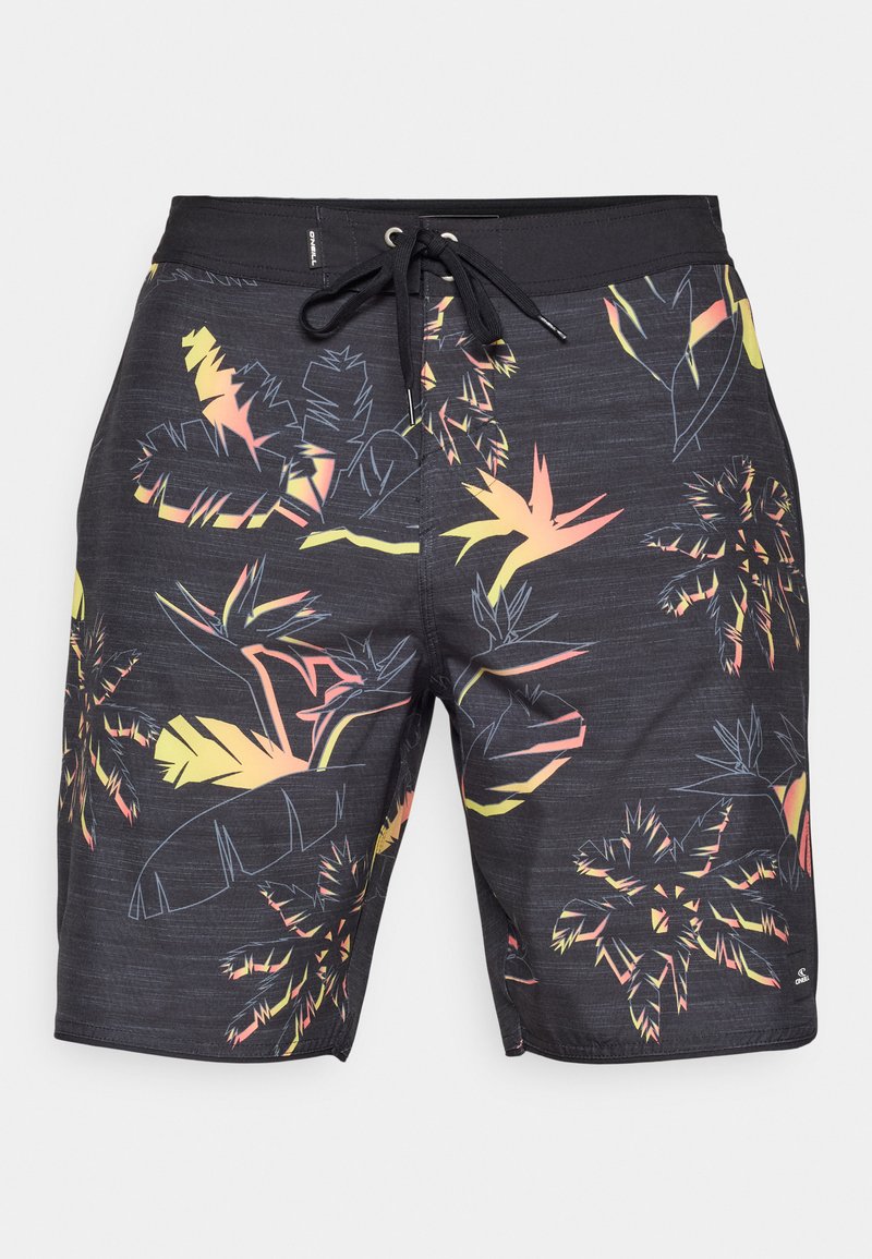 Shorts de bain noirs avec un motif tropical coloré de palmiers en jaune, orange et bleu. Ceinture élastique avec cordon de serrage pour un maintien sécurisé.