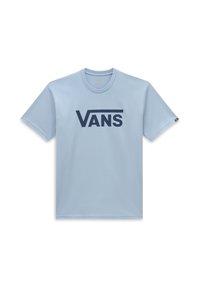 Světle modré bavlněné tričko s velkým tmavě námořnickým logem "VANS" přes hrudník. Klasický kulatý výstřih a krátké rukávy.