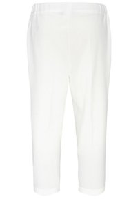 Witte capri-broeken met een elastische tailleband en een gladde textuur. Het ontwerp heeft een eenvoudige, rechte been-snede en omgenaaide manchetten.