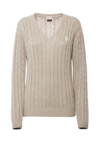 Maglione beige a maglia con scollo a V, maniche lunghe e polsini a costine. Presenta un piccolo logo ricamato sul petto.