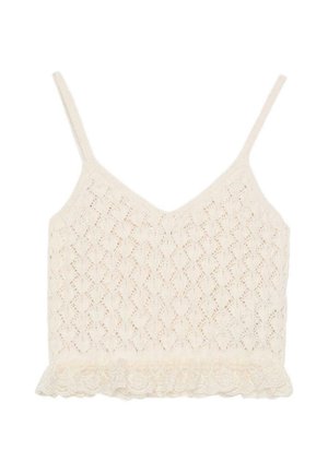 Top court en dentelle couleur crème avec fines bretelles, motif tricoté et ourlet à volants.