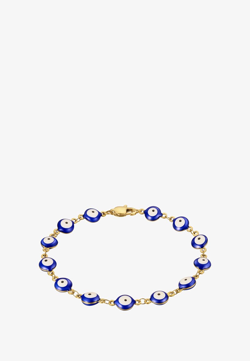 Sinine klaasist kuri silma käevõru, millel on kuldse tooni metalllingid, koos vahelduvate ümmarguste siniste helmeste ja valgete keskpunktidega. Kinni haakuv.