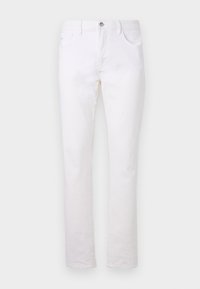 White denim jeans with a straight leg design, featuring two front pockets, a back pocket, and a metal button closure at the waist.